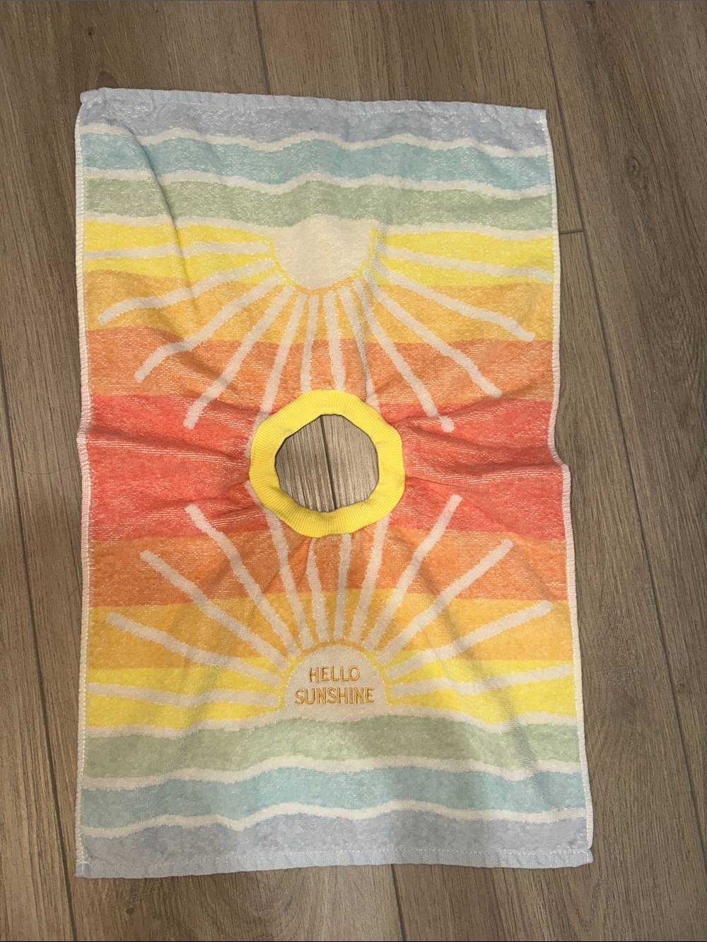 Homemade towel bib for baby/toddler. Rainbow design. HELLO SUNSHINE’ embroidery